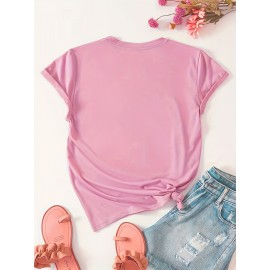 Cartoon & Letter Casual T-Shirt, Crew Neck Short Sleeves Slight Stretch Sports Tee, Women's Activewear