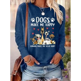 Dog & Letter Print Crew Neck T-Shirt, Casual Long Sleeve Top For Spring & Fall, Women's Clothing