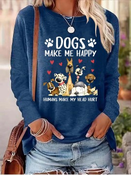 Dog & Letter Print Crew Neck T-Shirt, Casual Long Sleeve Top For Spring & Fall, Women's Clothing