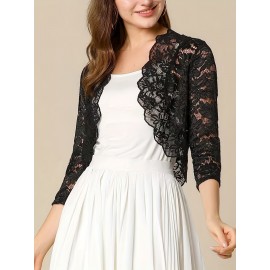 Semi-sheer Floral Lace Crop Cardigan, Casual Three-quarter Sleeve Cover Up Cardigan, Women's Clothing