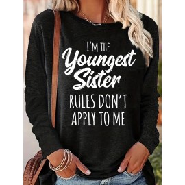 Younger Sister Print T-Shirt, Long Sleeve Crew Neck Casual Top For Fall & Spring, Women's Clothing