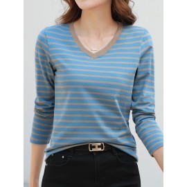 Striped Long Sleeve T-Shirt, V Neck Casual Top For Spring & Fall, Women's Clothing