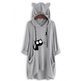 Cat Print Dual Pockets Drawstring Hoodie, Casual Long Sleeve Hoodies Sweatshirt, Women's Clothing