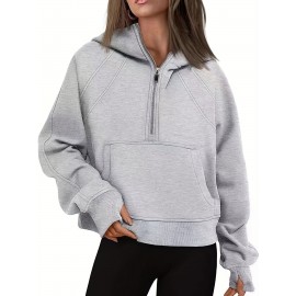 Solid Half Zip Kangaroo Pockets Hoodie, Casual Long Sleeve Hoodie For Spring & Fall, Women's Clothing