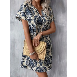 Mandala Print Short Sleeve Dress, Casual Notch Neck Dress For Spring & Summer, Women's Clothing