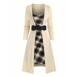 Stitching Plaid Print Dress, Casual Long Sleeve Dress, Women's Clothing