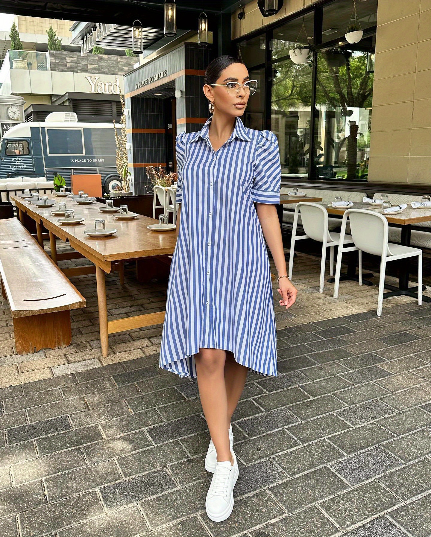 striped short sleeve casual sports dress button non stretch summer dress for women womens clothing details 0