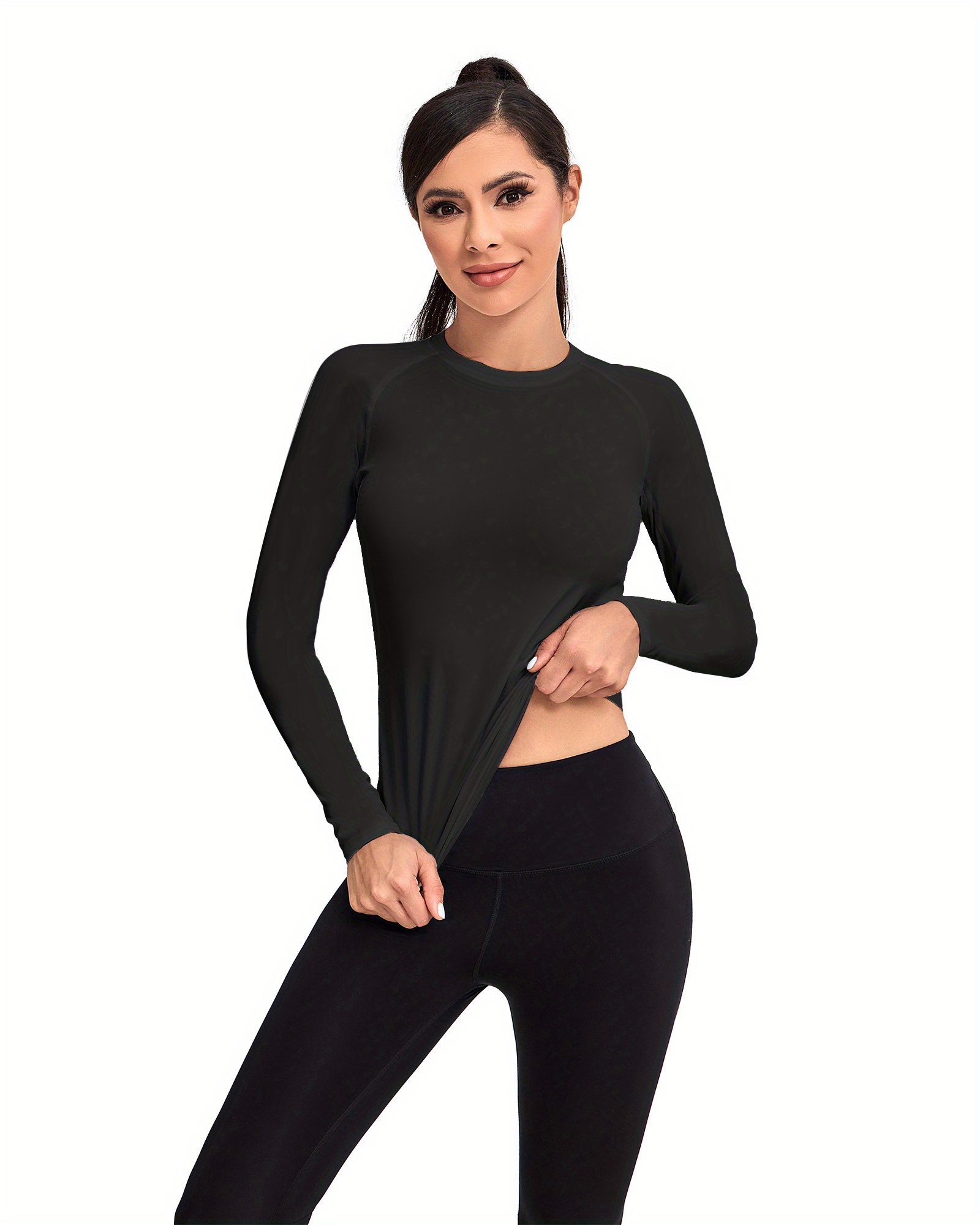 4 pcs pack womens solid color sports basics crew neck long sleeve comfortable yoga fitness workout top womens activewear details 0