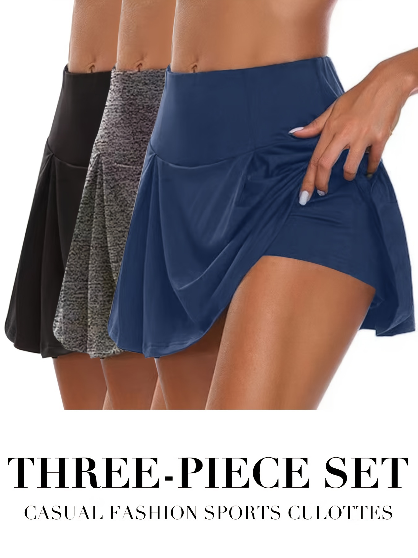 shorts, 3pcs 2 in 1 casual sports skorts solid color mid stretch sporty shorts womens activewear details 3