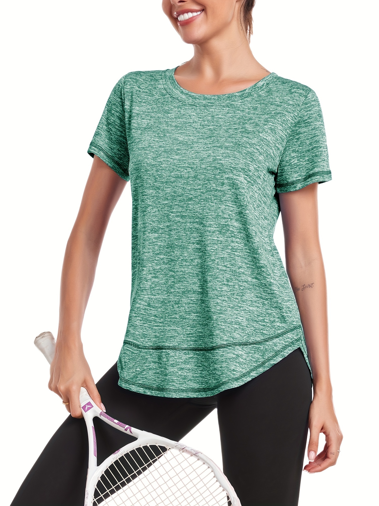 womens short sleeve quick drying workout shirts crew neck sports yoga running split tee womens clothing details 5