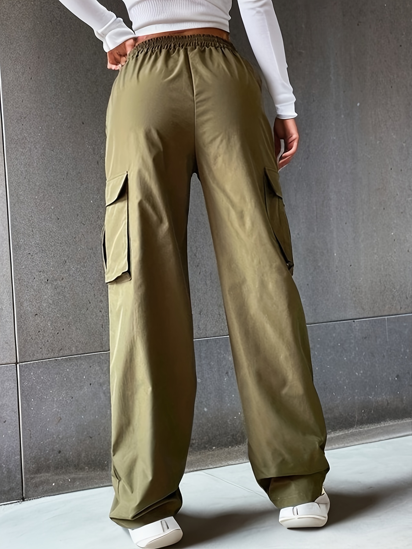 solid flap pockets wide leg cargo pants loose plicated hem straight leg sweatpants womens clothing details 0