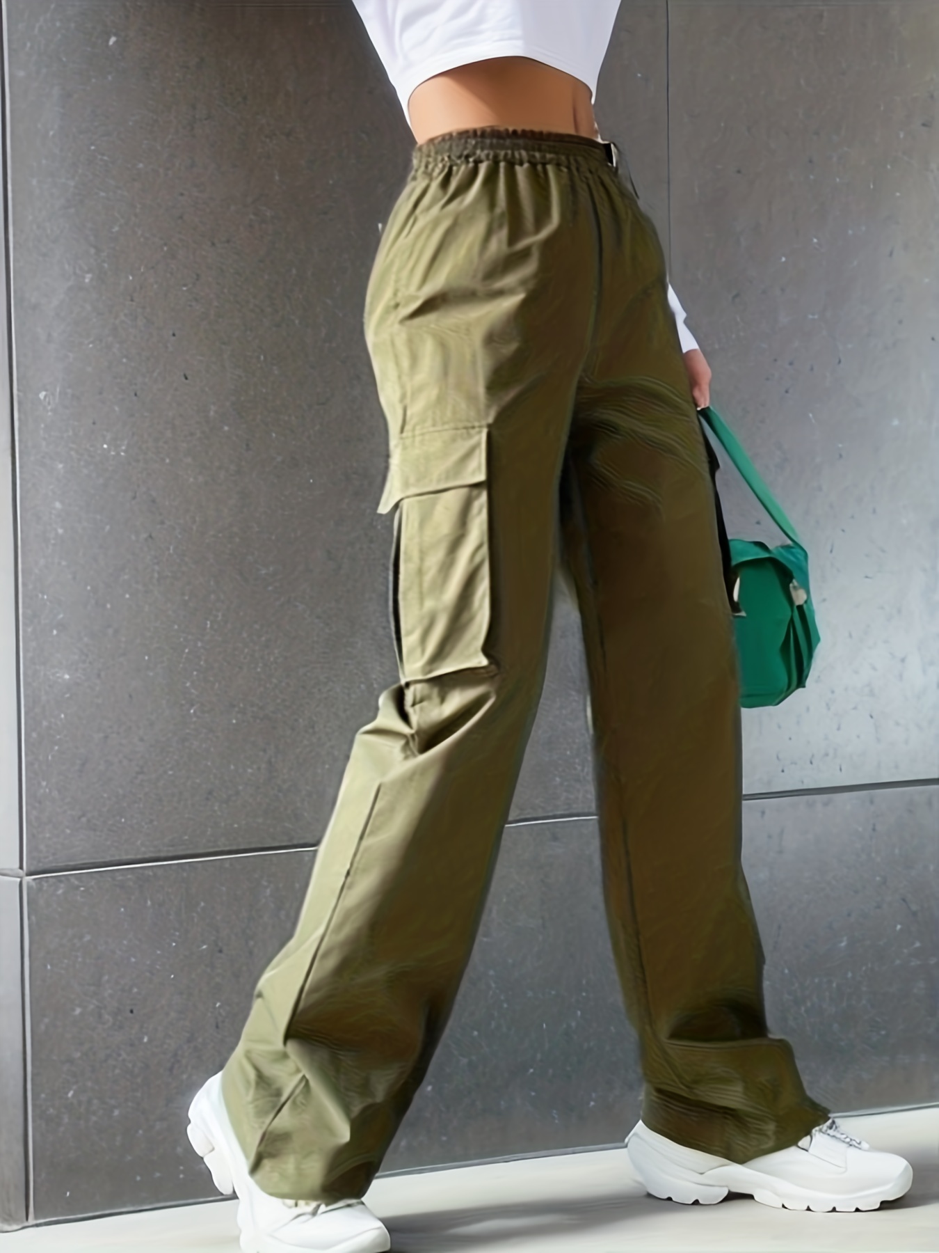 solid flap pockets wide leg cargo pants loose plicated hem straight leg sweatpants womens clothing details 1