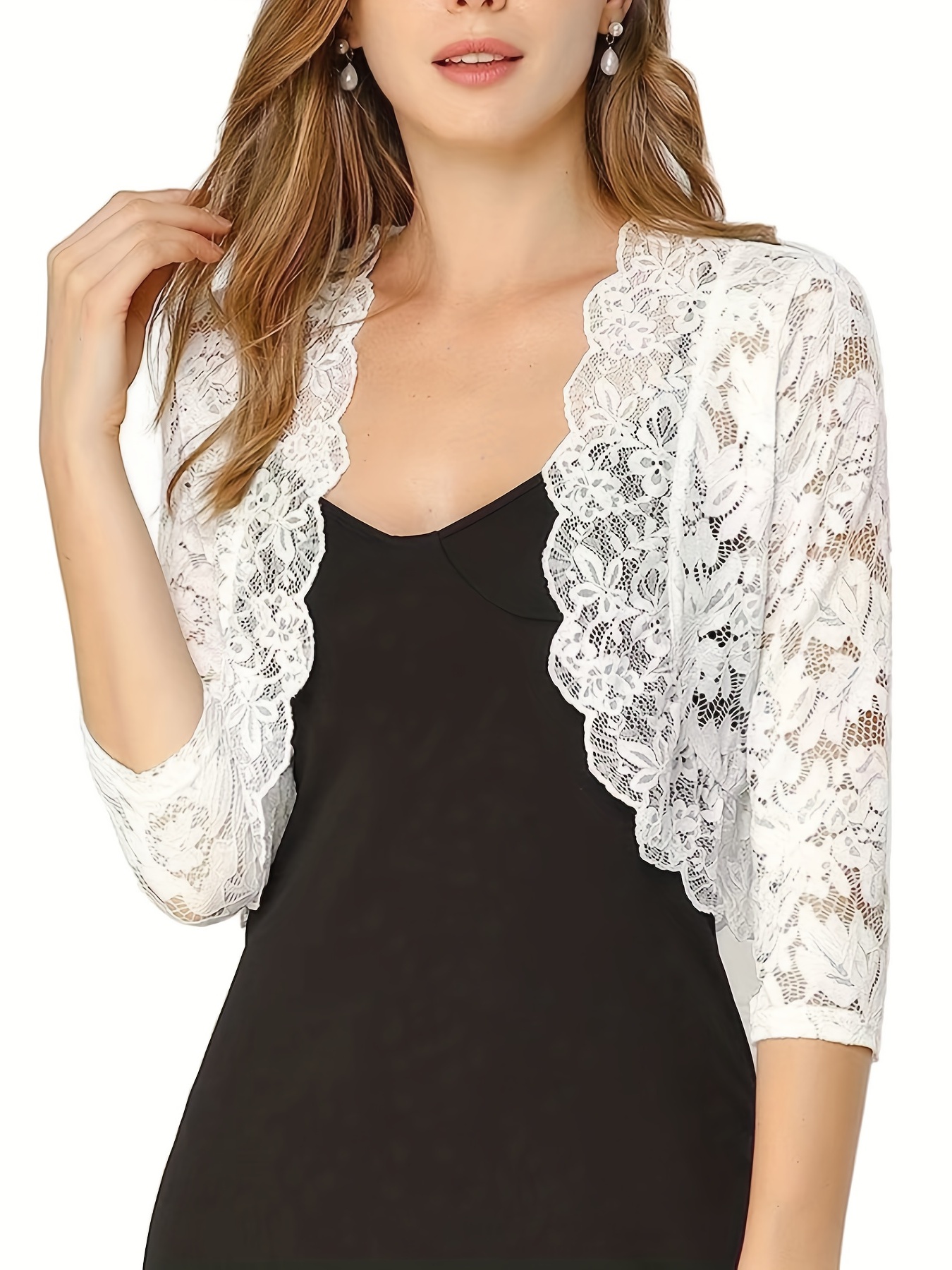 semi sheer floral lace crop cardigan casual three quarter sleeve cover up cardigan womens clothing details 4