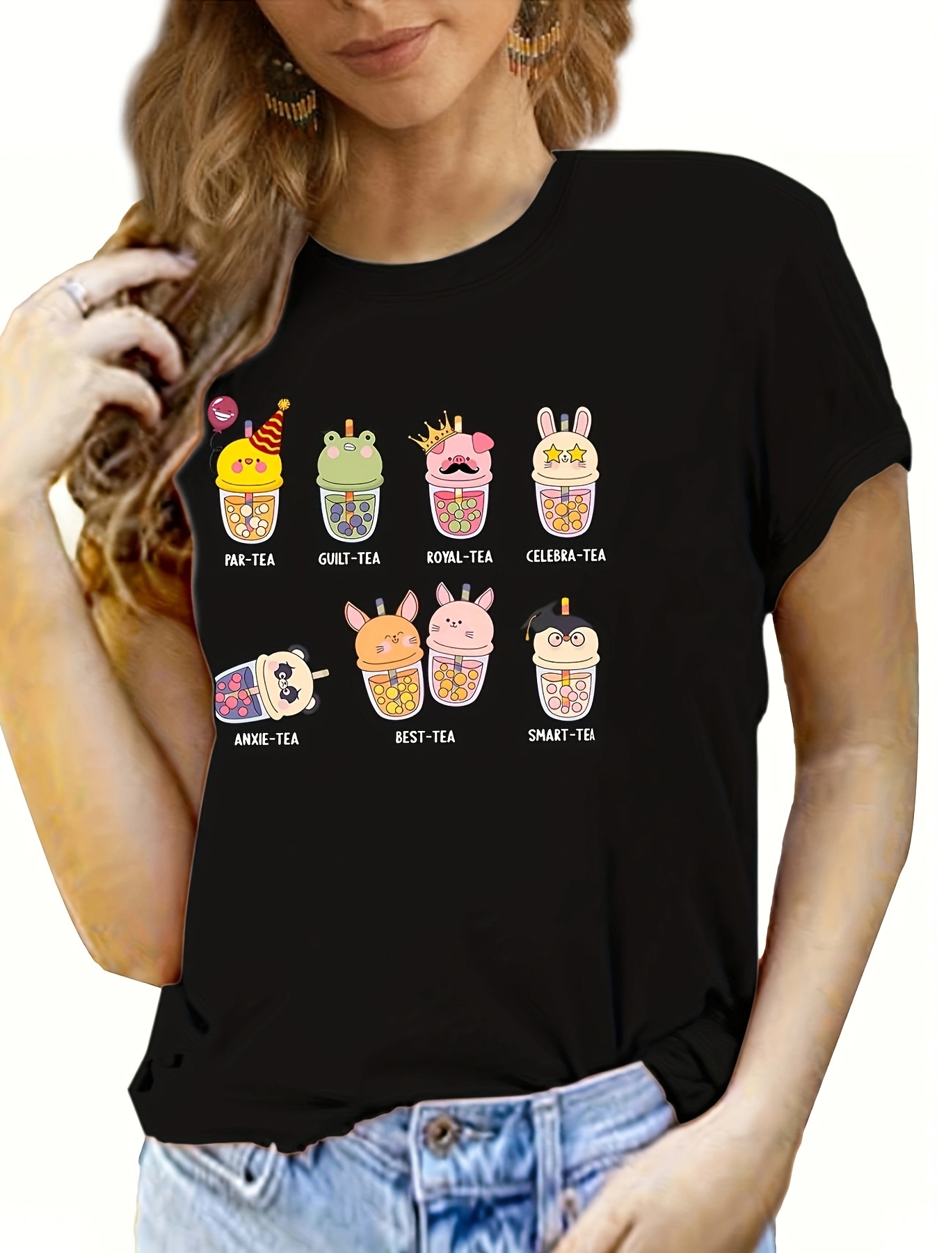 cute milk tea print t shirt casual short sleeve crew neck summer top womens clothing details 11