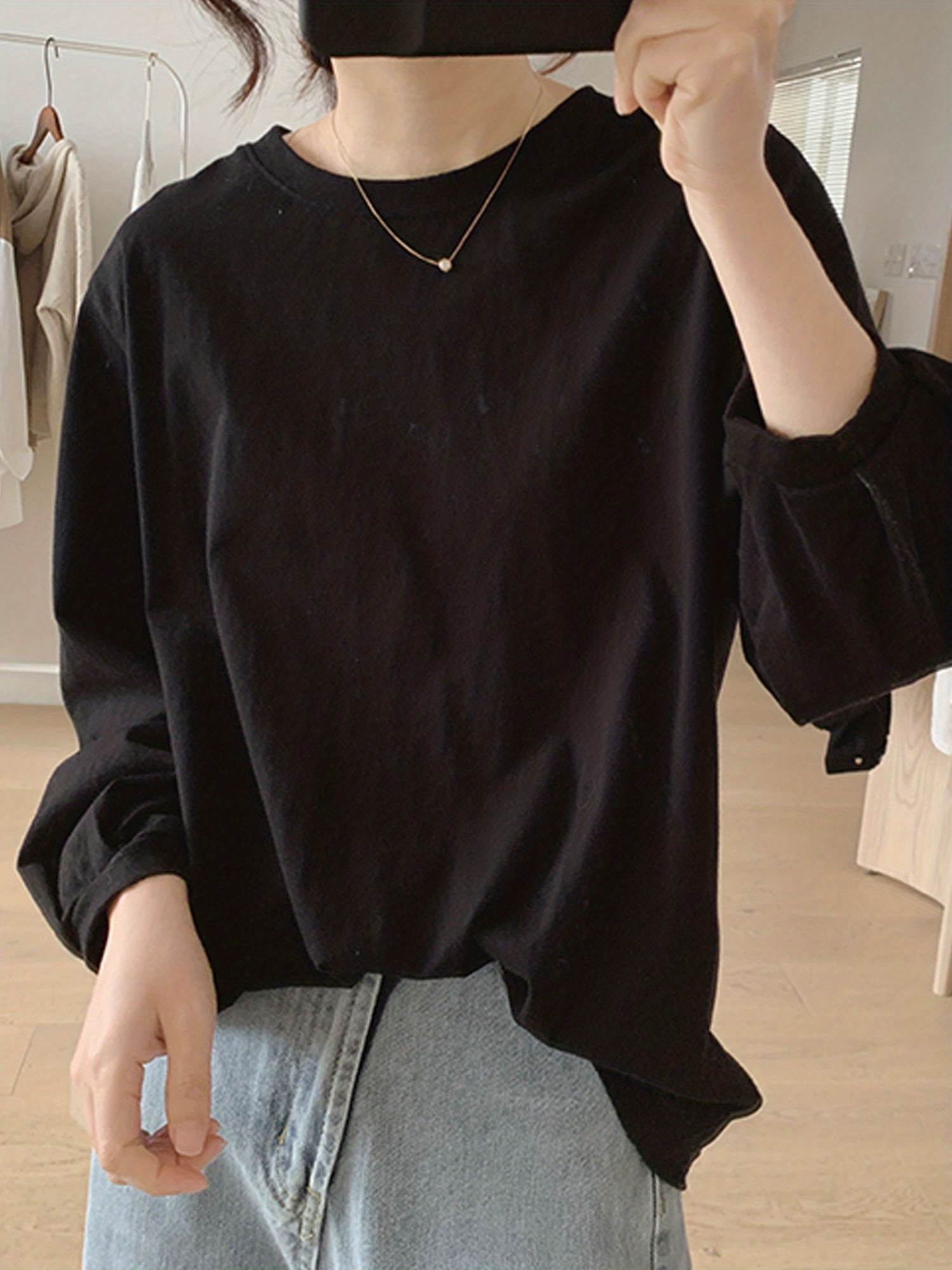 solid versatile t shirt casual crew neck long sleeve t shirt womens clothing details 5