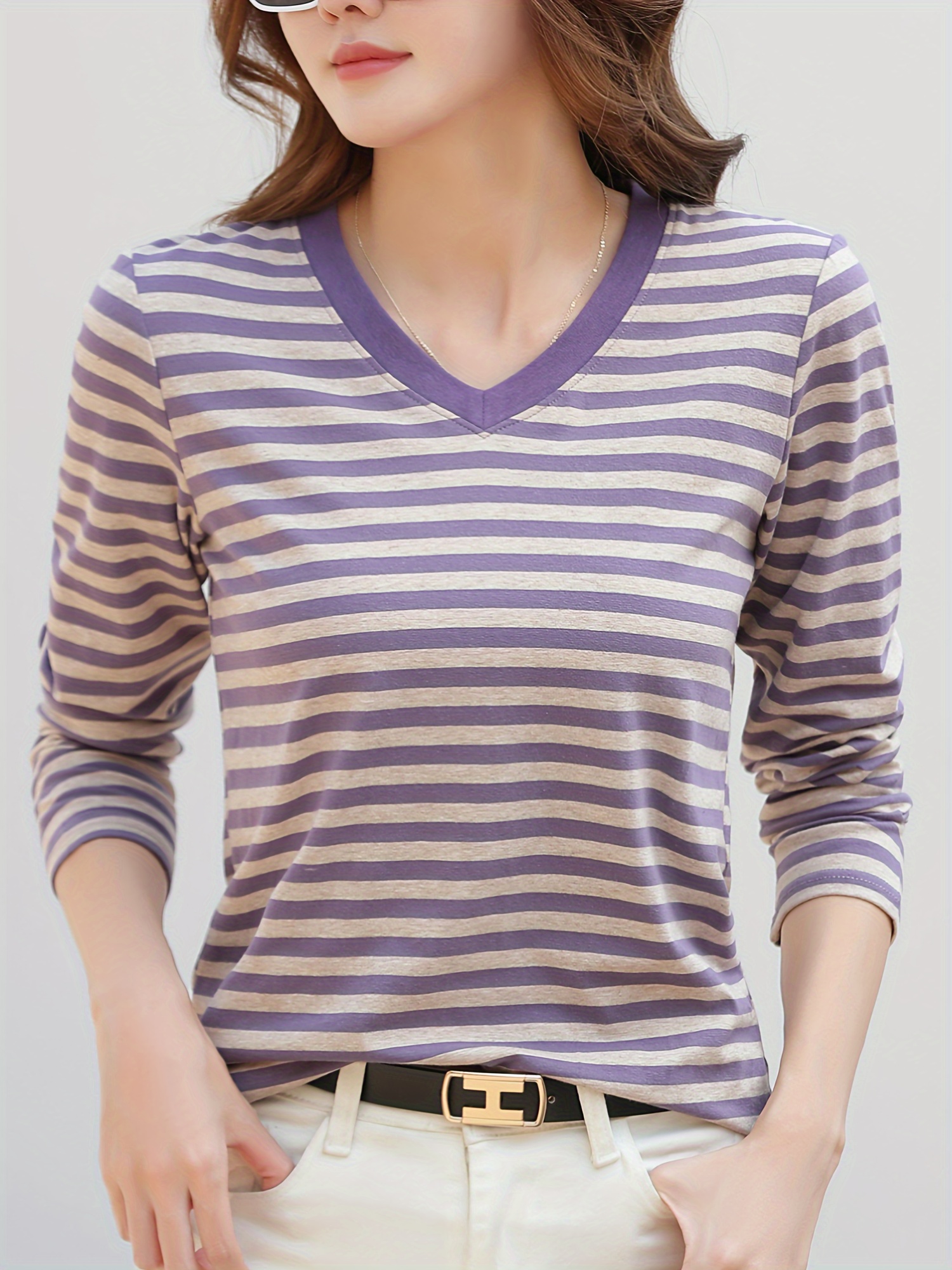 striped long sleeve t shirt v neck casual top for spring fall womens clothing details 1