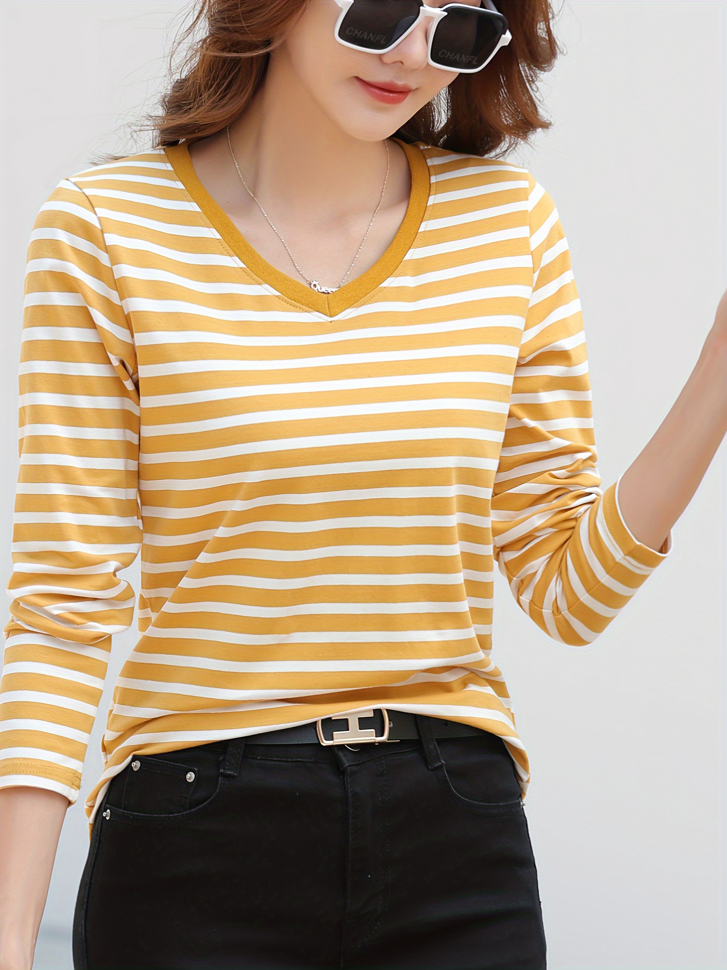 striped long sleeve t shirt v neck casual top for spring fall womens clothing details 2