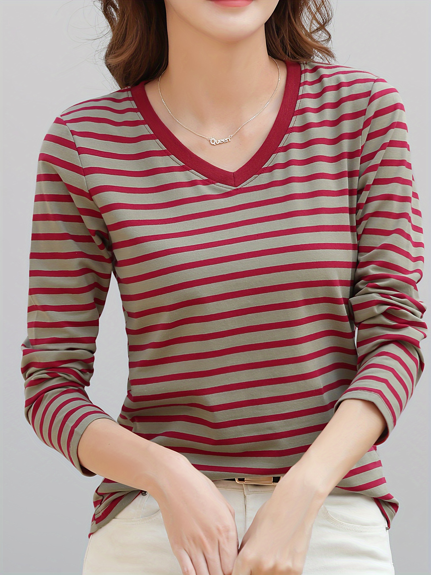 striped long sleeve t shirt v neck casual top for spring fall womens clothing details 4