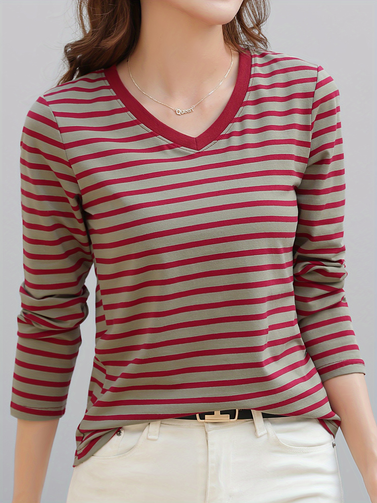 striped long sleeve t shirt v neck casual top for spring fall womens clothing details 5