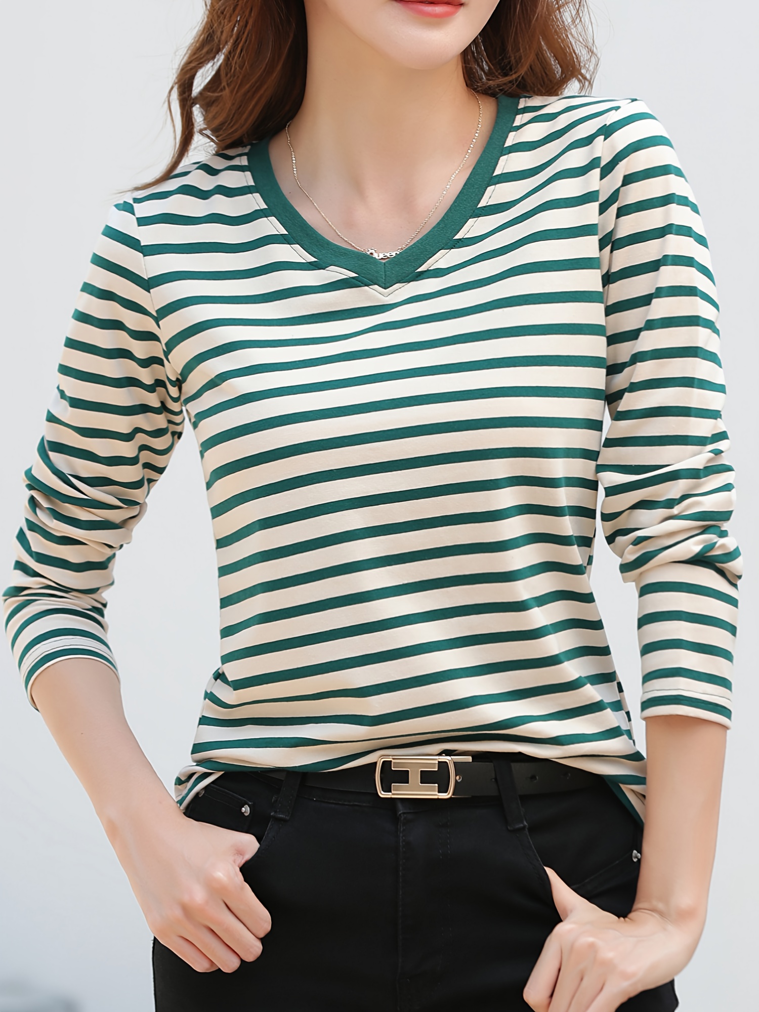 striped long sleeve t shirt v neck casual top for spring fall womens clothing details 6