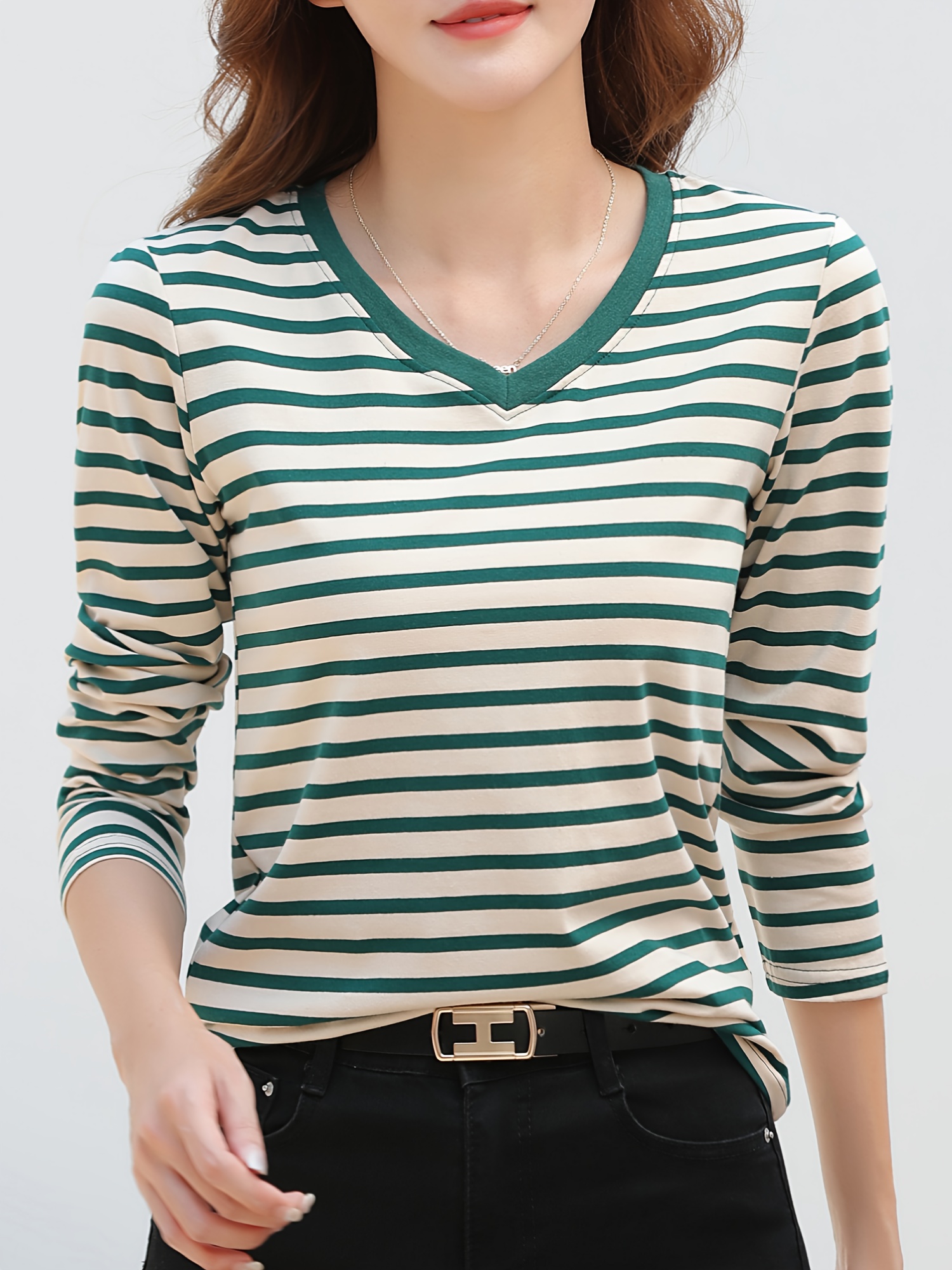 striped long sleeve t shirt v neck casual top for spring fall womens clothing details 7