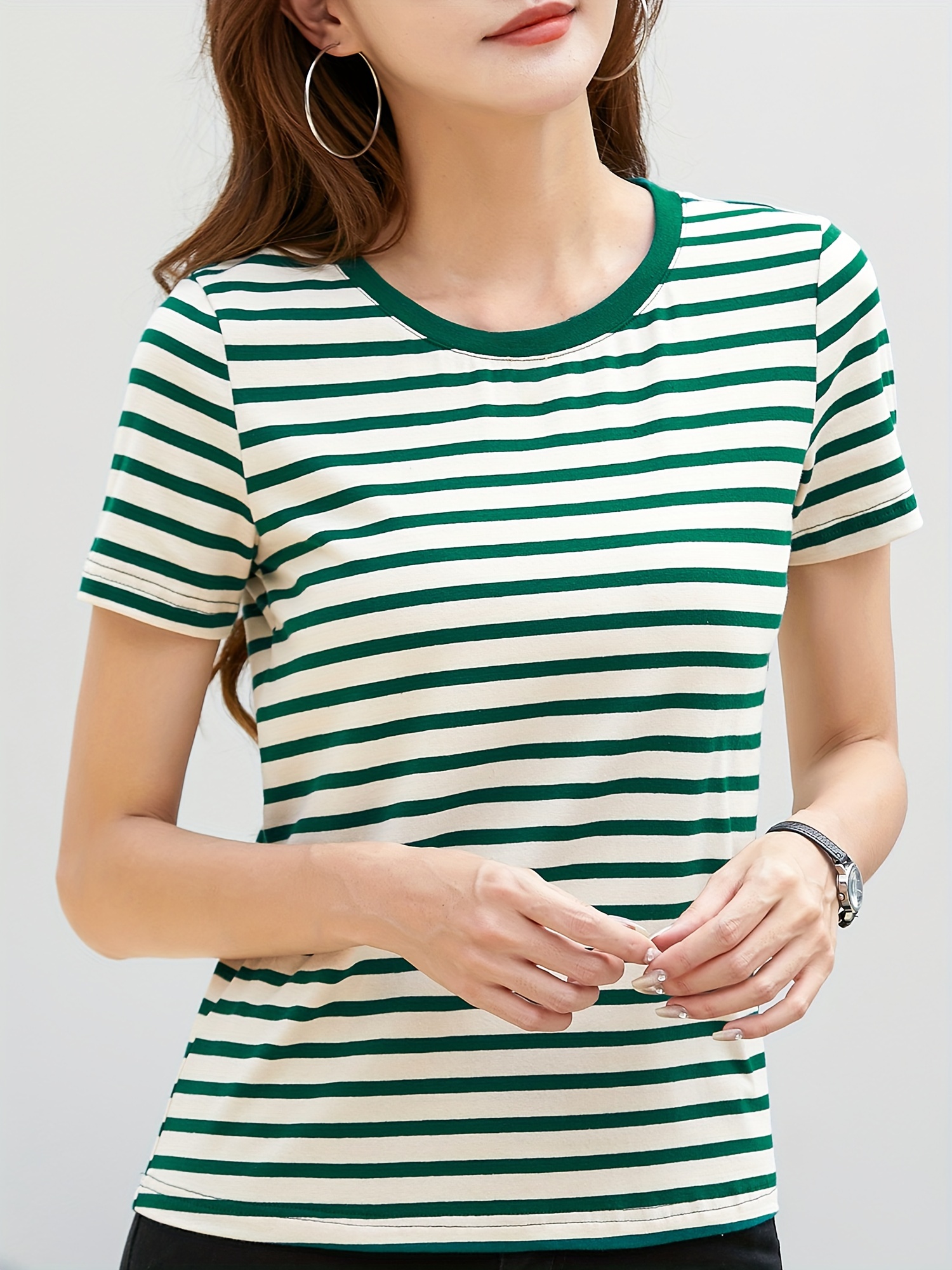 striped print crew neck t shirt casual short sleeve t shirt for spring summer womens clothing details 0