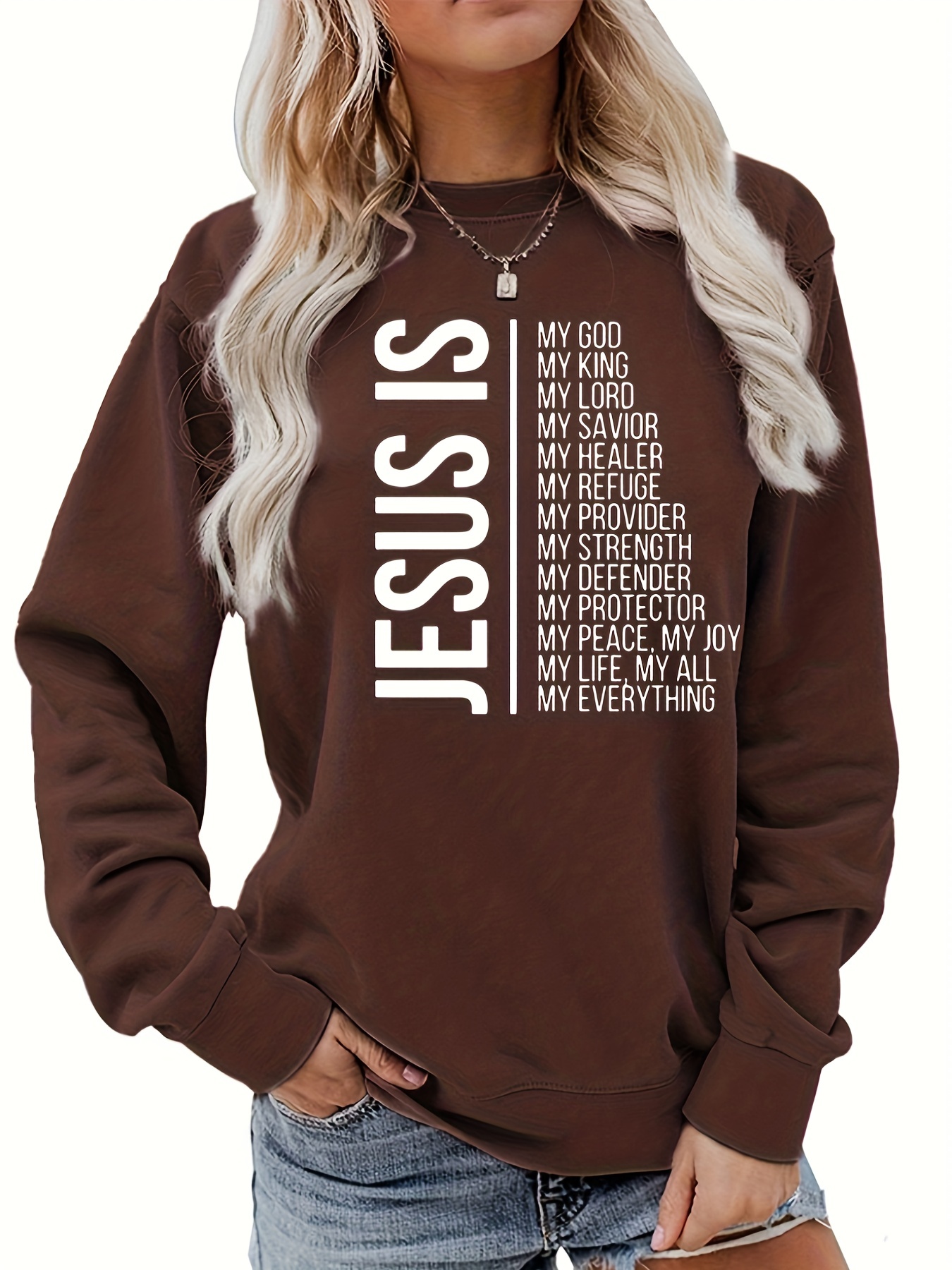 jesus is my everything print sweatshirt casual long sleeve crew neck sweatshirt womens clothing details 0