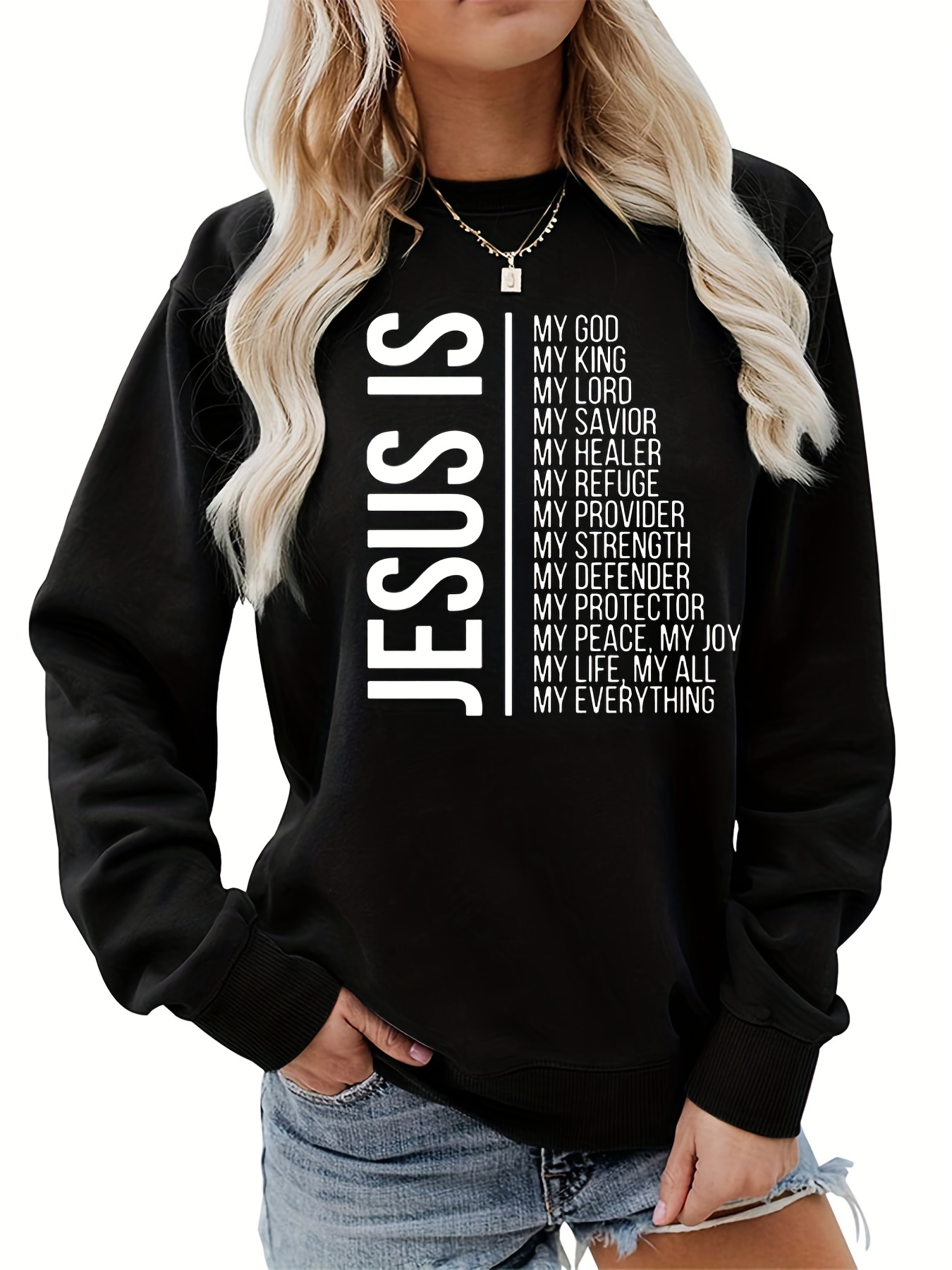 jesus is my everything print sweatshirt casual long sleeve crew neck sweatshirt womens clothing details 16