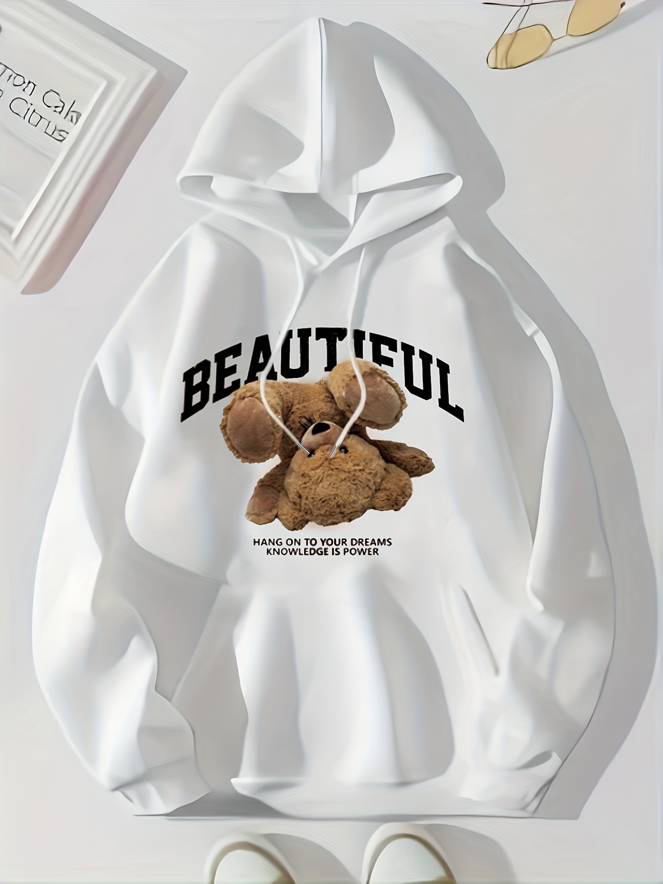 bear print kangaroo pocket hoodie casual long sleeve drawstring hoodies sweatshirt womens clothing details 34