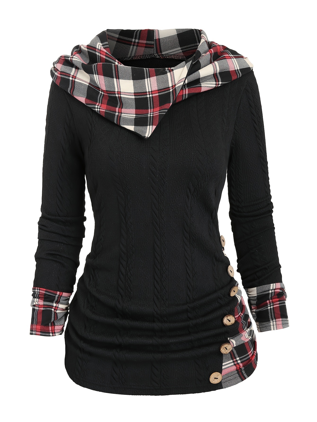 plaid splicing button decor cable hoodie casual long sleeve hoodie womens clothing details 4