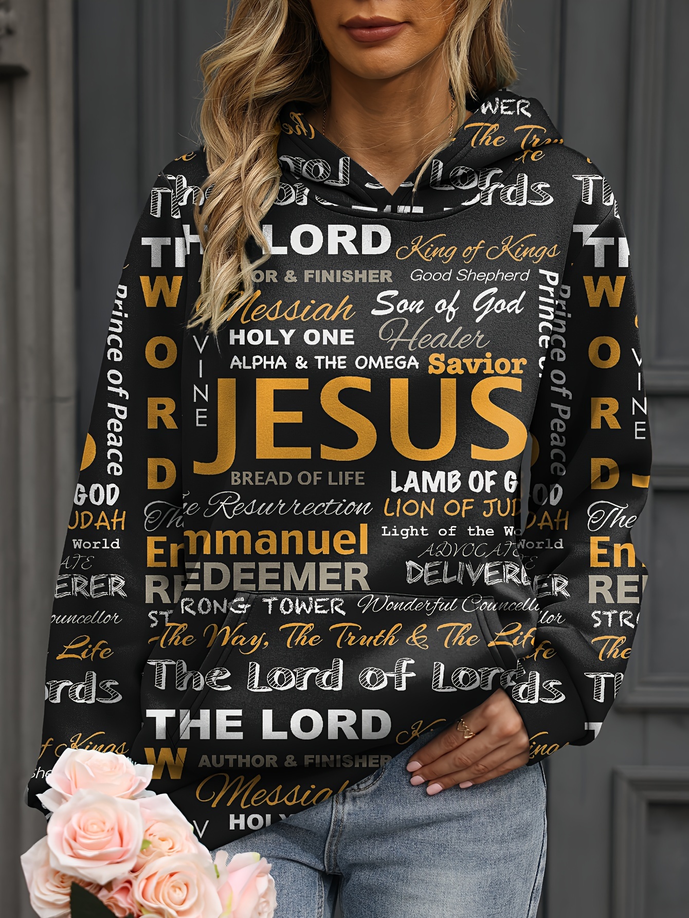 jesus letter print hoodies casual kangaroo pocket long sleeve sweatshirt womens clothing details 0