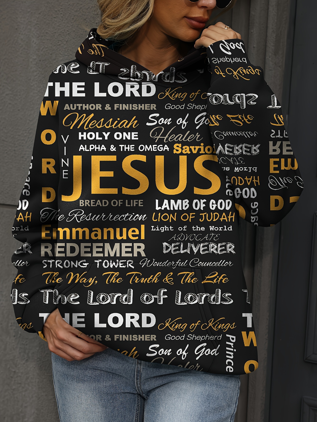 jesus letter print hoodies casual kangaroo pocket long sleeve sweatshirt womens clothing details 2