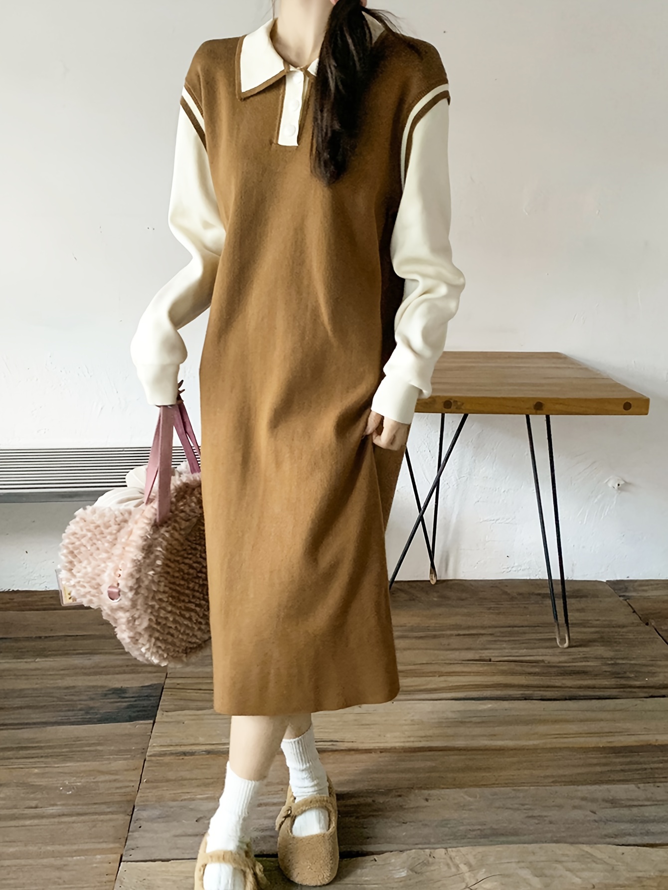 Colorblock Button Detail Sweater Dress, Long Sleeve Lapel Collar Casual Dress, Women s Clothing details 5