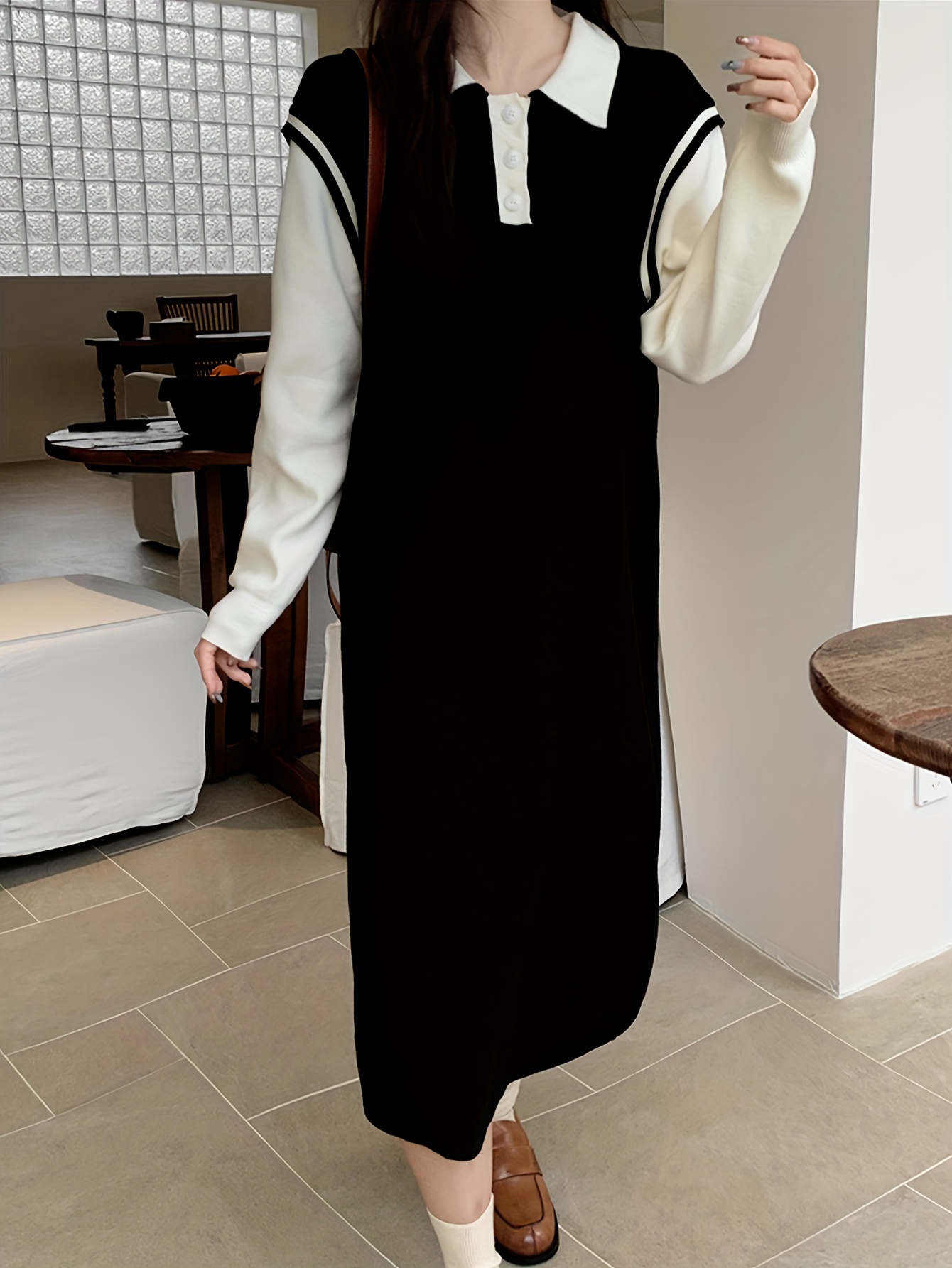 Colorblock Button Detail Sweater Dress, Long Sleeve Lapel Collar Casual Dress, Women s Clothing details 8