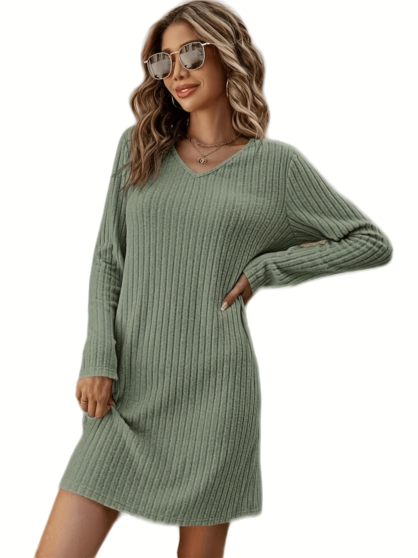 solid v neck dress casual long sleeve dress for spring fall womens clothing details 9