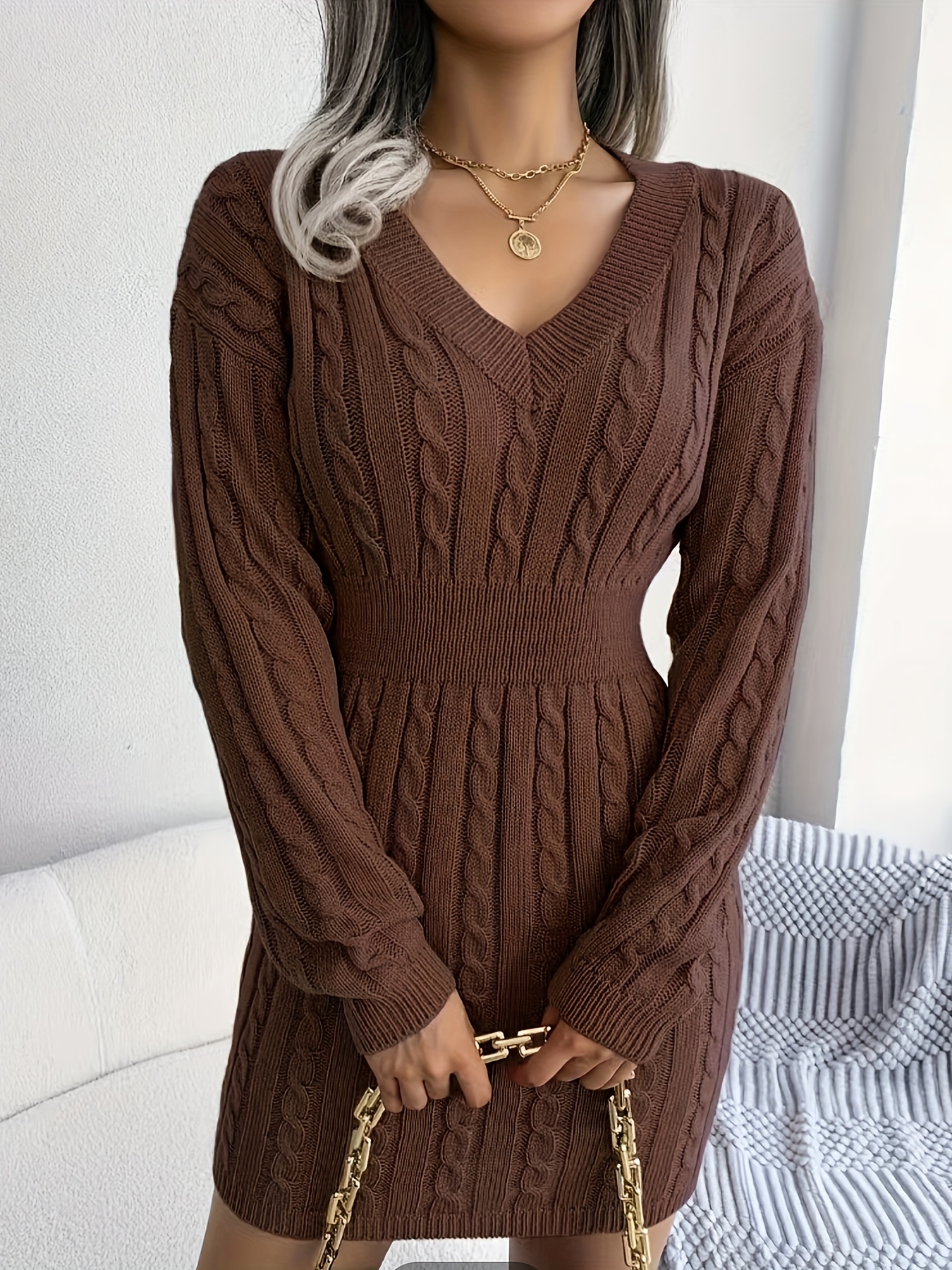 cable knit sweater dress casual v neck long sleeve bag hip dress womens clothing details 9