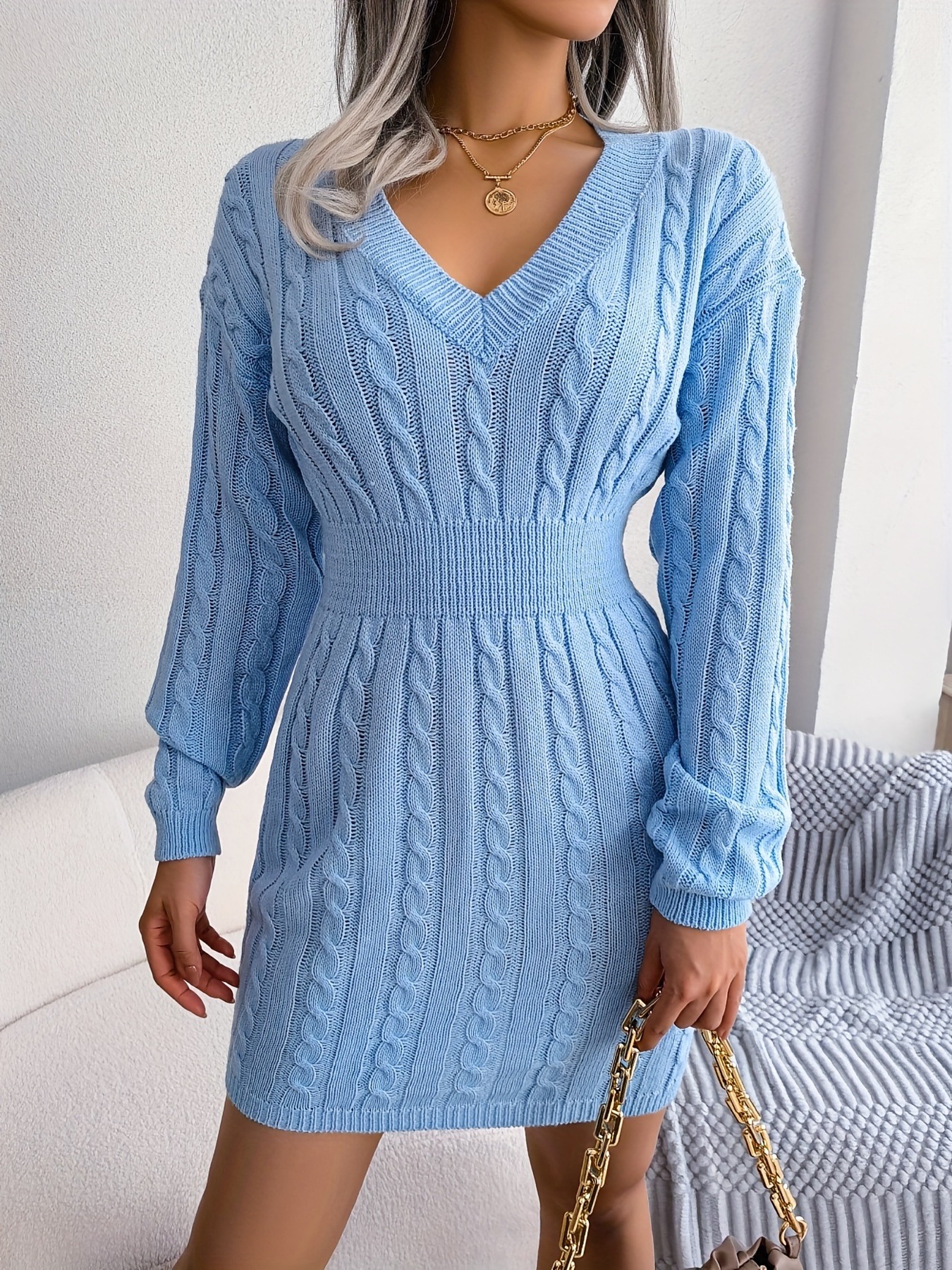 cable knit sweater dress casual v neck long sleeve bag hip dress womens clothing details 14